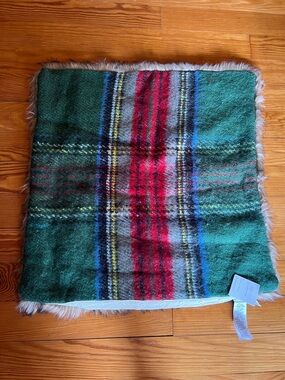 Pottery Barn Green and Red Plaid Fur-Trim Accent Pillow Cover